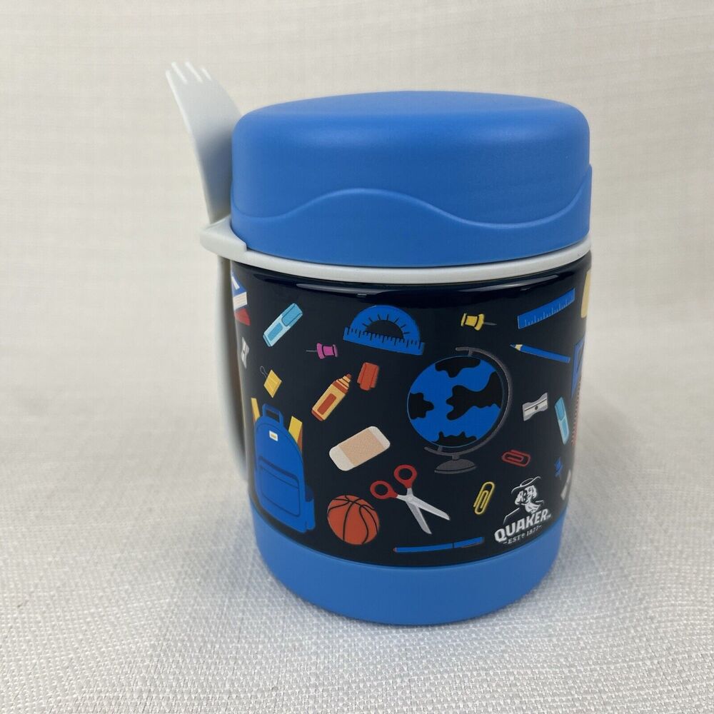 Quaker Oats Thermal‎ Food Jar Lunch Box Companion Spork Blue School New!